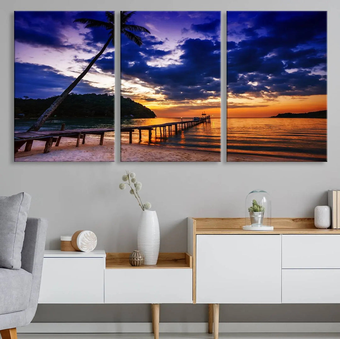 Sunset Beach Pier Wall Art, Tropical Island Sunset Canvas Print, Palm Tree and Pier Seascape Triptych, Coastal Wall Art for Relaxation Spaces