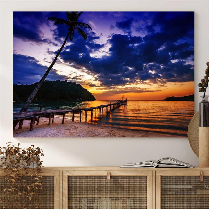 Sunset Beach Pier Wall Art, Tropical Island Sunset Canvas Print, Palm Tree and Pier Seascape Triptych, Coastal Wall Art for Relaxation Spaces