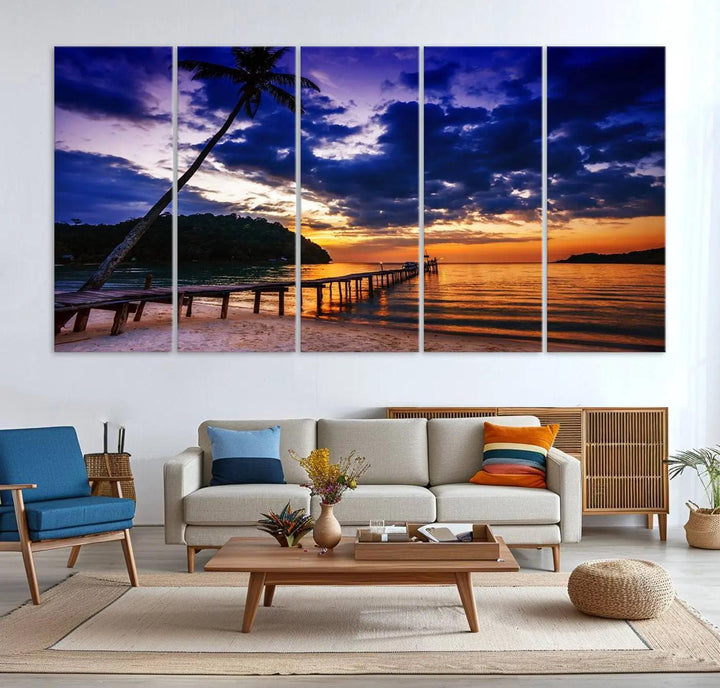 Sunset Beach Pier Wall Art, Tropical Island Sunset Canvas Print, Palm Tree and Pier Seascape Triptych, Coastal Wall Art for Relaxation Spaces