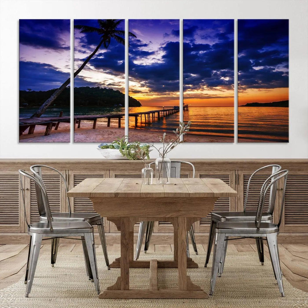 Sunset Beach Pier Wall Art, Tropical Island Sunset Canvas Print, Palm Tree and Pier Seascape Triptych, Coastal Wall Art for Relaxation Spaces