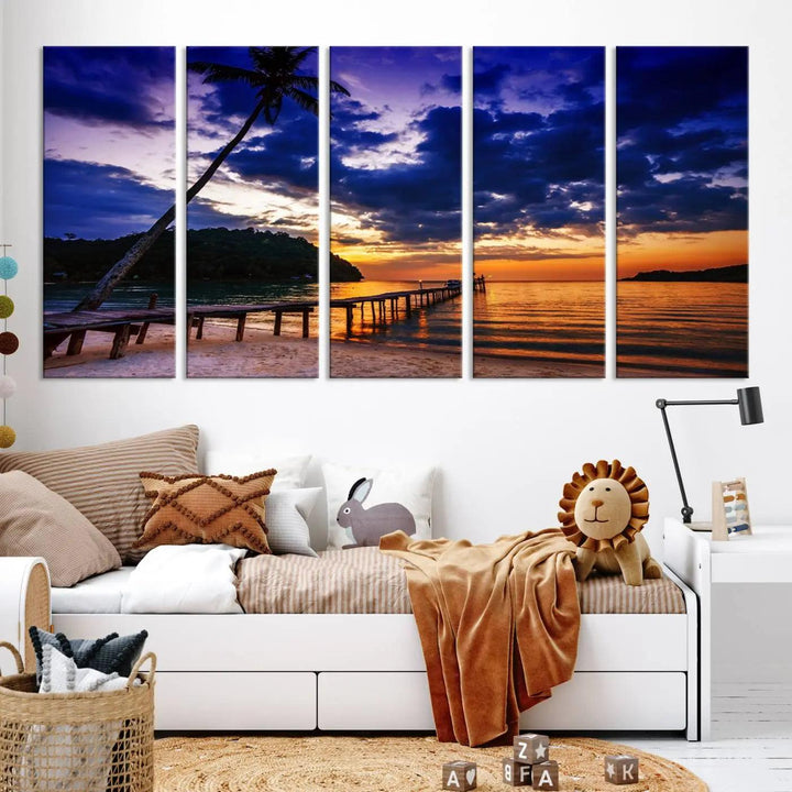 Sunset Beach Pier Wall Art, Tropical Island Sunset Canvas Print, Palm Tree and Pier Seascape Triptych, Coastal Wall Art for Relaxation Spaces