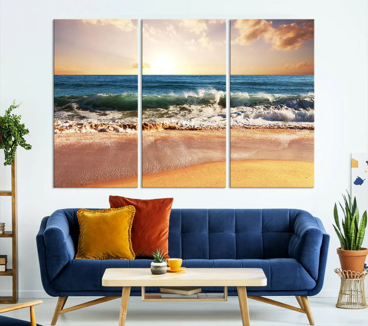 The room features a Sunset Beach 3-panel framed canvas print.