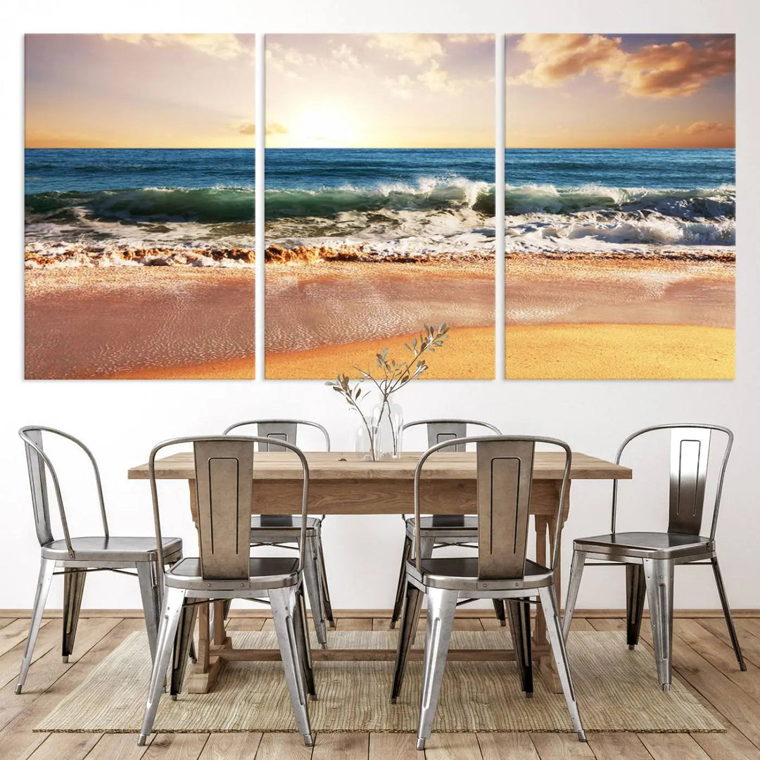 The room features a Sunset Beach 3-panel framed canvas print.