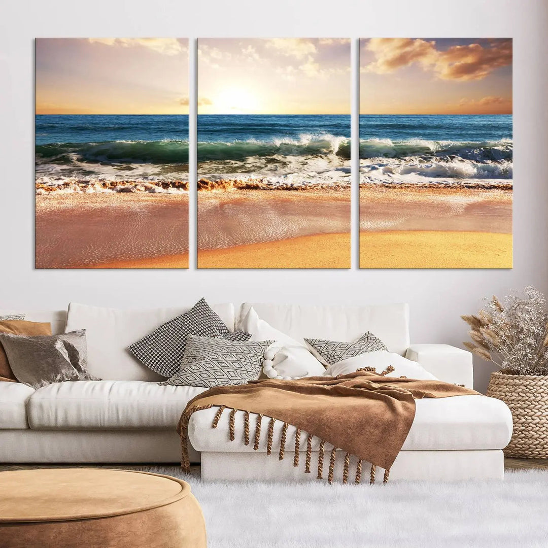 The room features a Sunset Beach 3-panel framed canvas print.