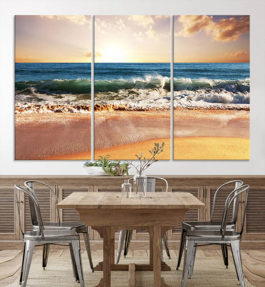 The room features a Sunset Beach 3-panel framed canvas print.