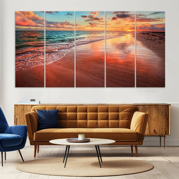 A set of "Sunset Beach Wall Art" canvases, portraying a tranquil ocean sunset, is displayed, making it perfect for beach lovers.