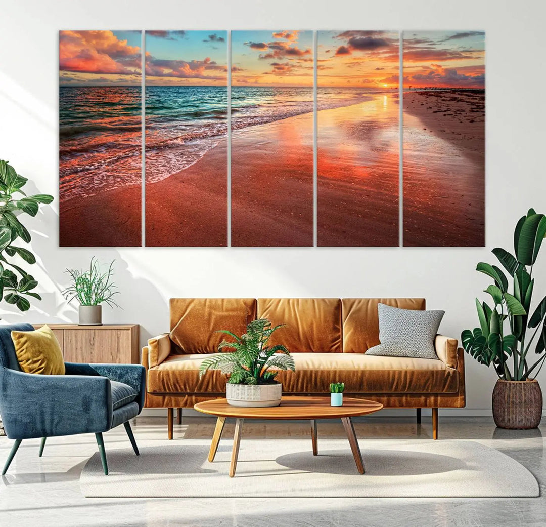 A set of "Sunset Beach Wall Art" canvases, portraying a tranquil ocean sunset, is displayed, making it perfect for beach lovers.