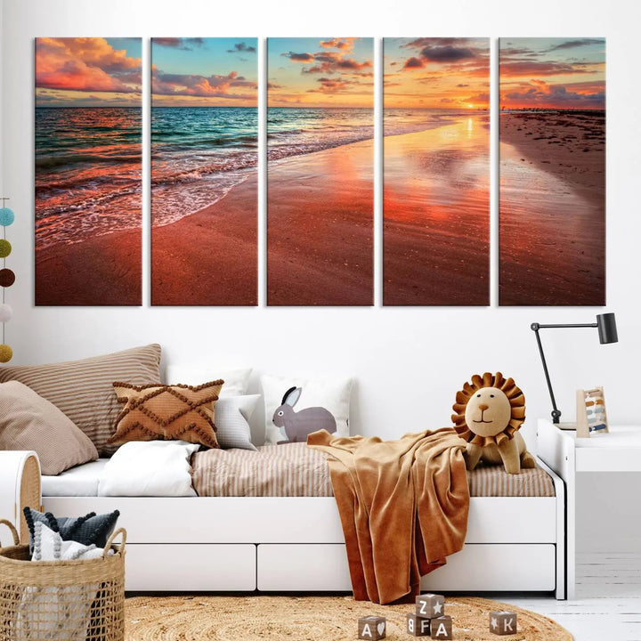 A set of "Sunset Beach Wall Art" canvases, portraying a tranquil ocean sunset, is displayed, making it perfect for beach lovers.