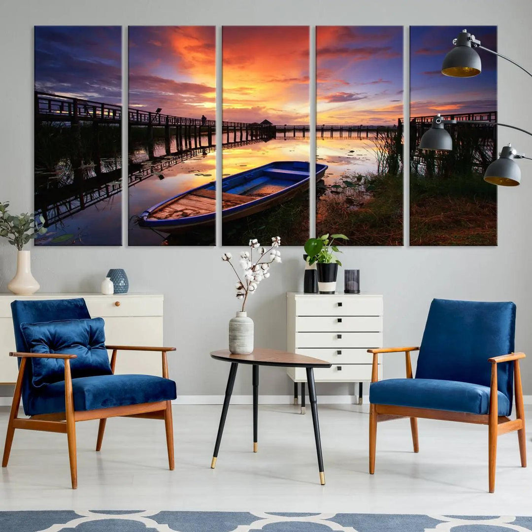 The "Sunset Boat Scene on Lake Triptych" beautifully captures a vibrant sunset over a calm lake. This tranquil scene, featuring serene reflections and surrounded by reeds, is printed on premium giclee canvas with Canon print quality. The gallery wrap design enhances every detail of tranquility.