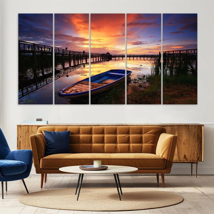 The "Sunset Boat Scene on Lake Triptych" beautifully captures a vibrant sunset over a calm lake. This tranquil scene, featuring serene reflections and surrounded by reeds, is printed on premium giclee canvas with Canon print quality. The gallery wrap design enhances every detail of tranquility.