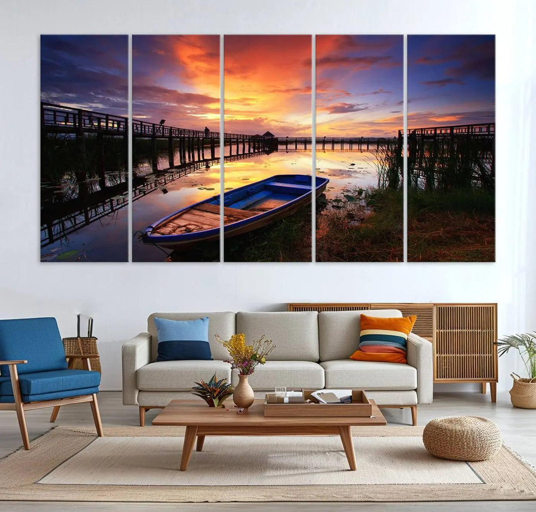 The "Sunset Boat Scene on Lake Triptych" beautifully captures a vibrant sunset over a calm lake. This tranquil scene, featuring serene reflections and surrounded by reeds, is printed on premium giclee canvas with Canon print quality. The gallery wrap design enhances every detail of tranquility.