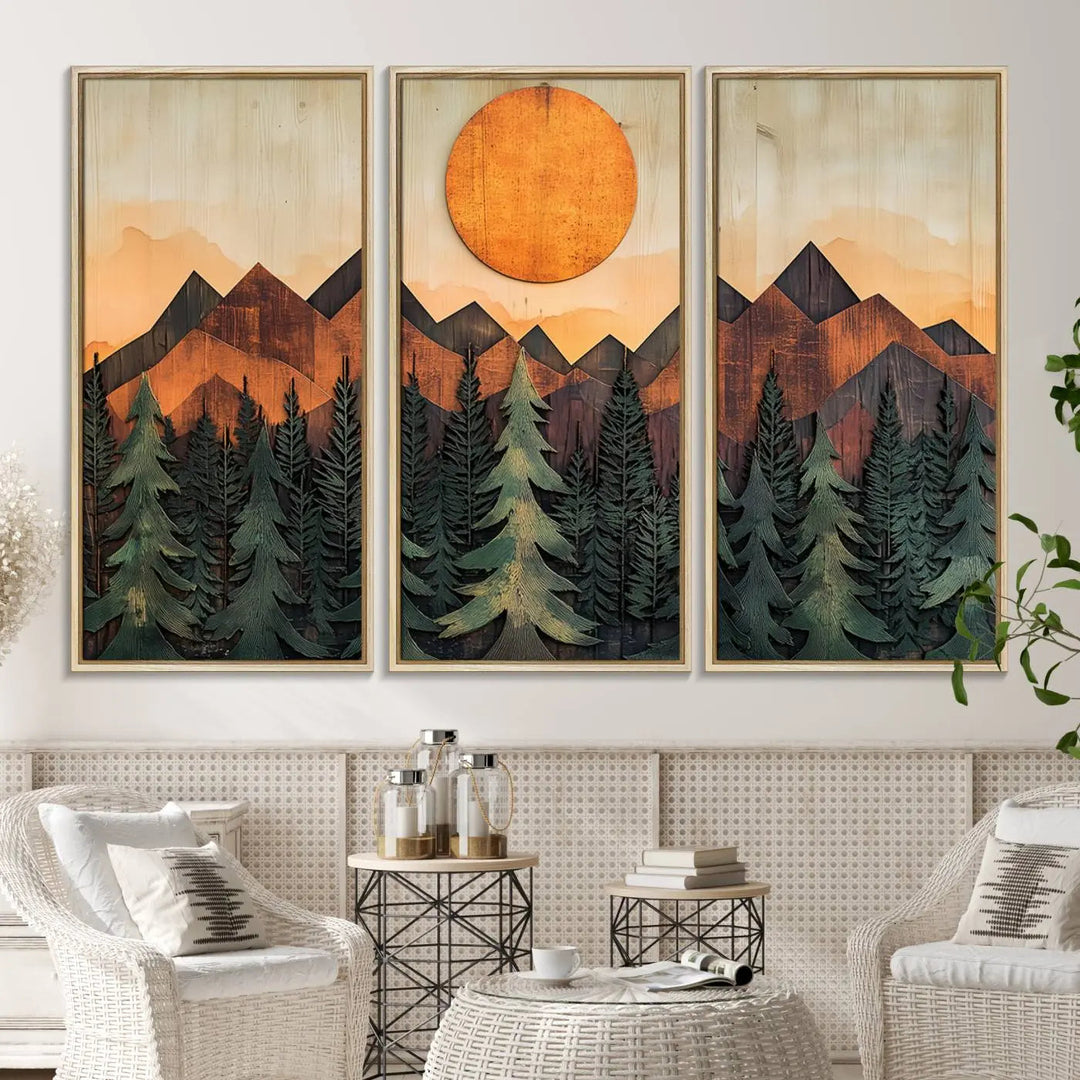 The Sunset Mountain Landscape Canvas Wall Art Print offers stunning nature-inspired wall decor, beautifully capturing a sunset mountain landscape over forests.