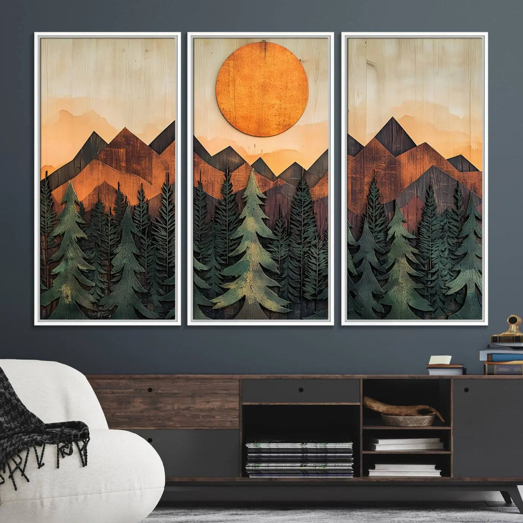 The Sunset Mountain Landscape Canvas Wall Art Print offers stunning nature-inspired wall decor, beautifully capturing a sunset mountain landscape over forests.