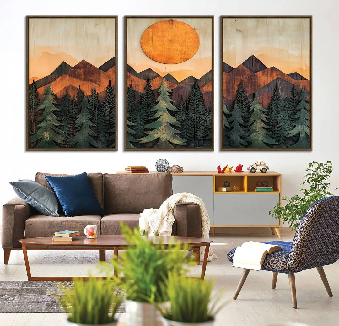 The Sunset Mountain Landscape Canvas Wall Art Print offers stunning nature-inspired wall decor, beautifully capturing a sunset mountain landscape over forests.