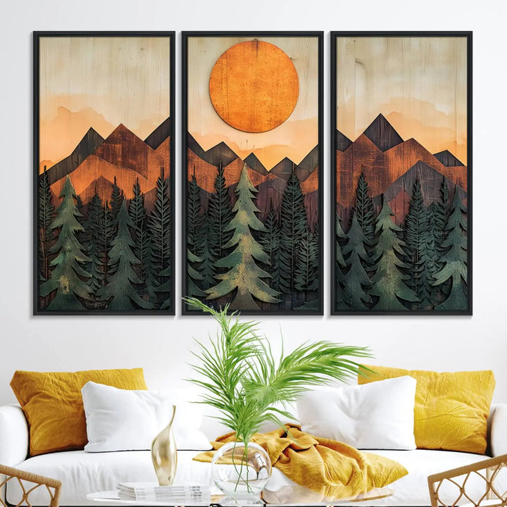 The Sunset Mountain Landscape Canvas Wall Art Print offers stunning nature-inspired wall decor, beautifully capturing a sunset mountain landscape over forests.