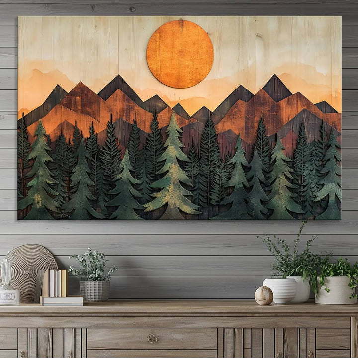 The Sunset Mountain Landscape Canvas Wall Art Print offers stunning nature-inspired wall decor, beautifully capturing a sunset mountain landscape over forests.