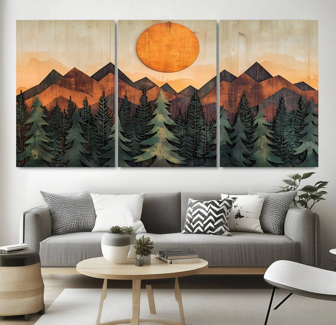 The Sunset Mountain Landscape Canvas Wall Art Print offers stunning nature-inspired wall decor, beautifully capturing a sunset mountain landscape over forests.