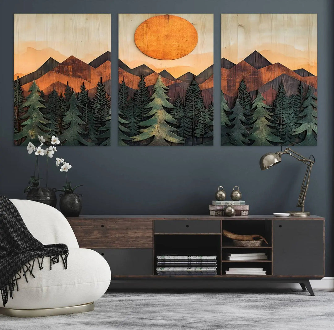 The Sunset Mountain Landscape Canvas Wall Art Print offers stunning nature-inspired wall decor, beautifully capturing a sunset mountain landscape over forests.