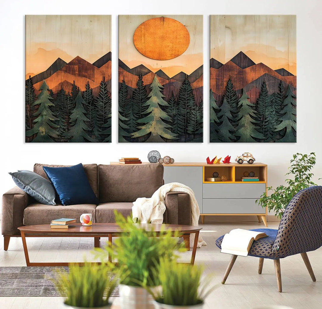 The Sunset Mountain Landscape Canvas Wall Art Print offers stunning nature-inspired wall decor, beautifully capturing a sunset mountain landscape over forests.