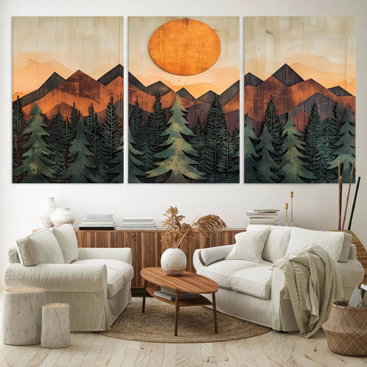 The Sunset Mountain Landscape Canvas Wall Art Print offers stunning nature-inspired wall decor, beautifully capturing a sunset mountain landscape over forests.