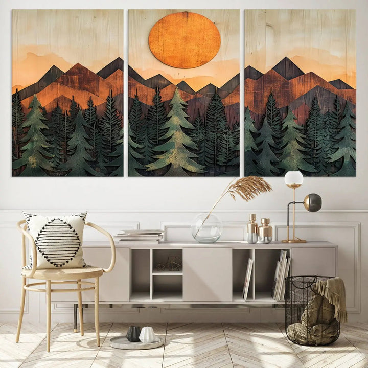 The Sunset Mountain Landscape Canvas Wall Art Print offers stunning nature-inspired wall decor, beautifully capturing a sunset mountain landscape over forests.