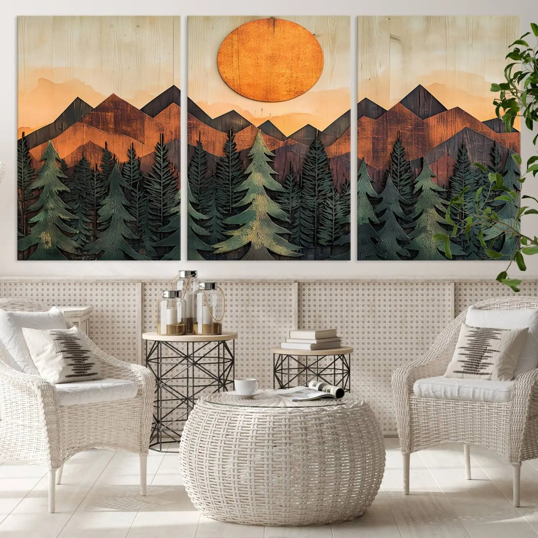 The Sunset Mountain Landscape Canvas Wall Art Print offers stunning nature-inspired wall decor, beautifully capturing a sunset mountain landscape over forests.