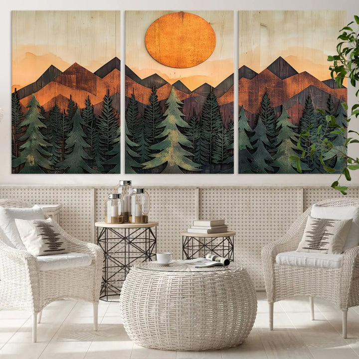 The Sunset Mountain Landscape Canvas Wall Art Print offers stunning nature-inspired wall decor, beautifully capturing a sunset mountain landscape over forests.