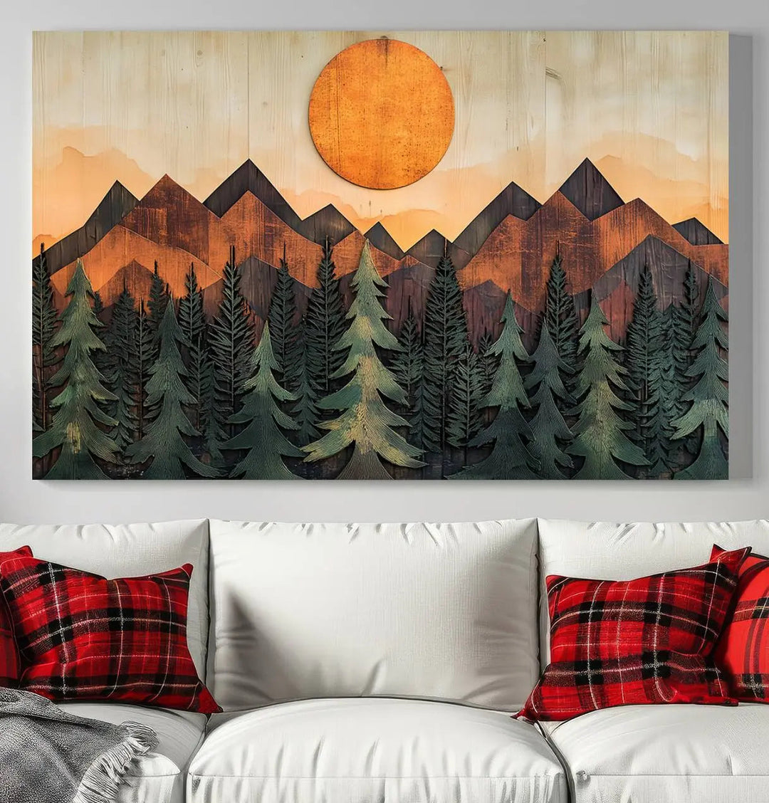 The Sunset Mountain Landscape Canvas Wall Art Print offers stunning nature-inspired wall decor, beautifully capturing a sunset mountain landscape over forests.