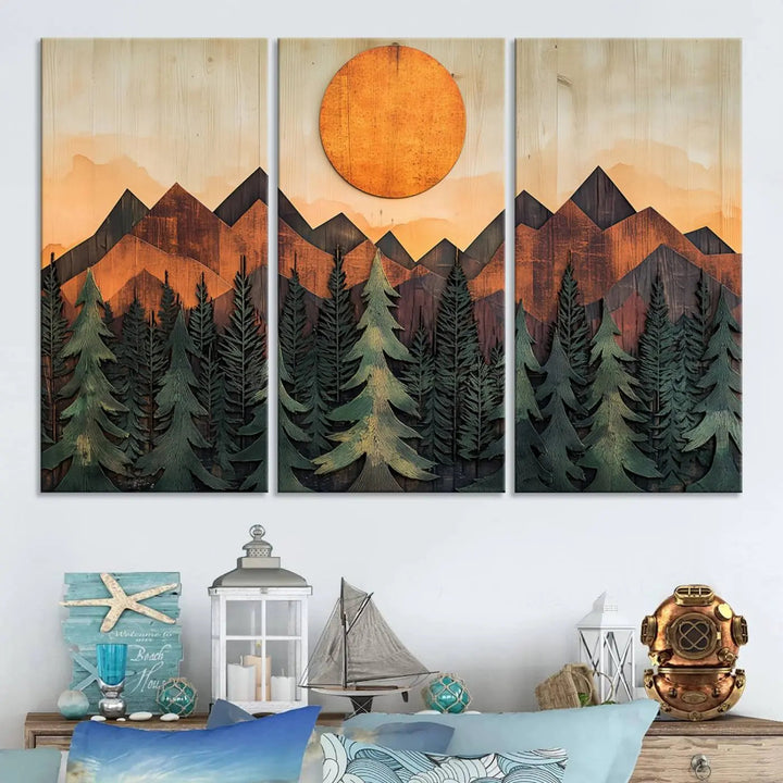 The Sunset Mountain Landscape Canvas Wall Art Print offers stunning nature-inspired wall decor, beautifully capturing a sunset mountain landscape over forests.