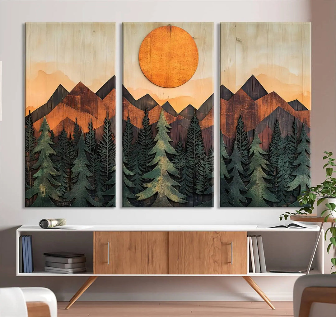 The Sunset Mountain Landscape Canvas Wall Art Print offers stunning nature-inspired wall decor, beautifully capturing a sunset mountain landscape over forests.