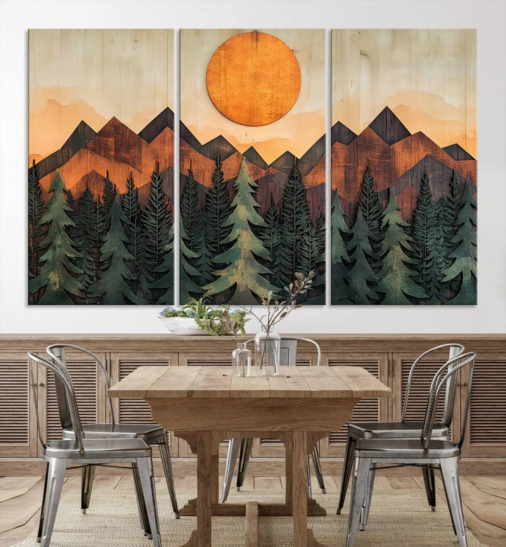 The Sunset Mountain Landscape Canvas Wall Art Print offers stunning nature-inspired wall decor, beautifully capturing a sunset mountain landscape over forests.