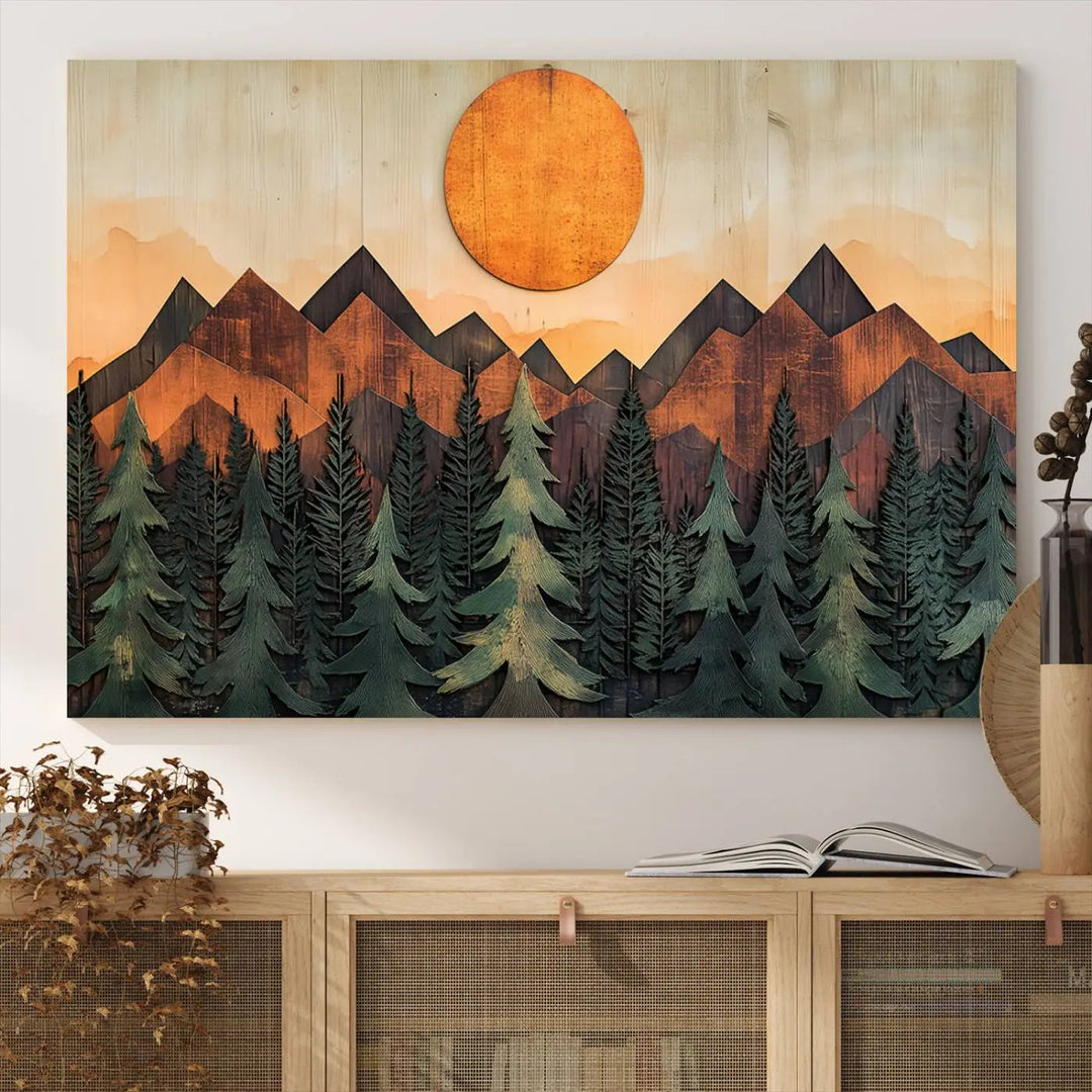 The Sunset Mountain Landscape Canvas Wall Art Print offers stunning nature-inspired wall decor, beautifully capturing a sunset mountain landscape over forests.