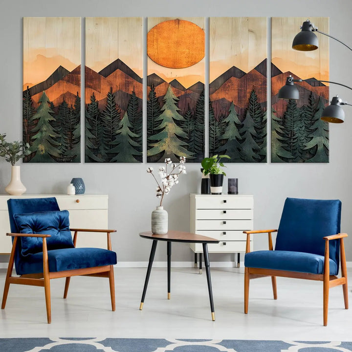 The Sunset Mountain Landscape Canvas Wall Art Print offers stunning nature-inspired wall decor, beautifully capturing a sunset mountain landscape over forests.