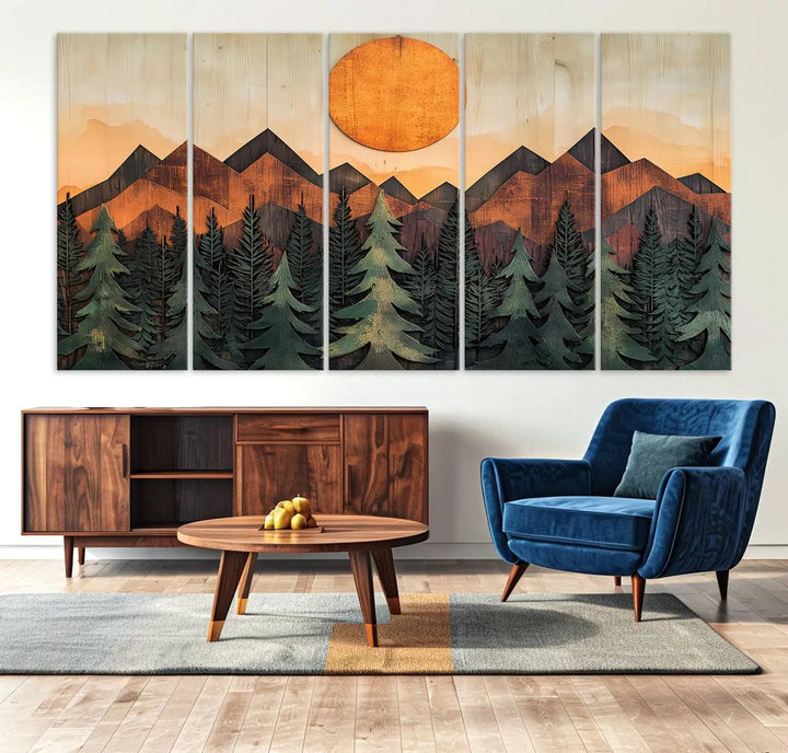 The Sunset Mountain Landscape Canvas Wall Art Print offers stunning nature-inspired wall decor, beautifully capturing a sunset mountain landscape over forests.