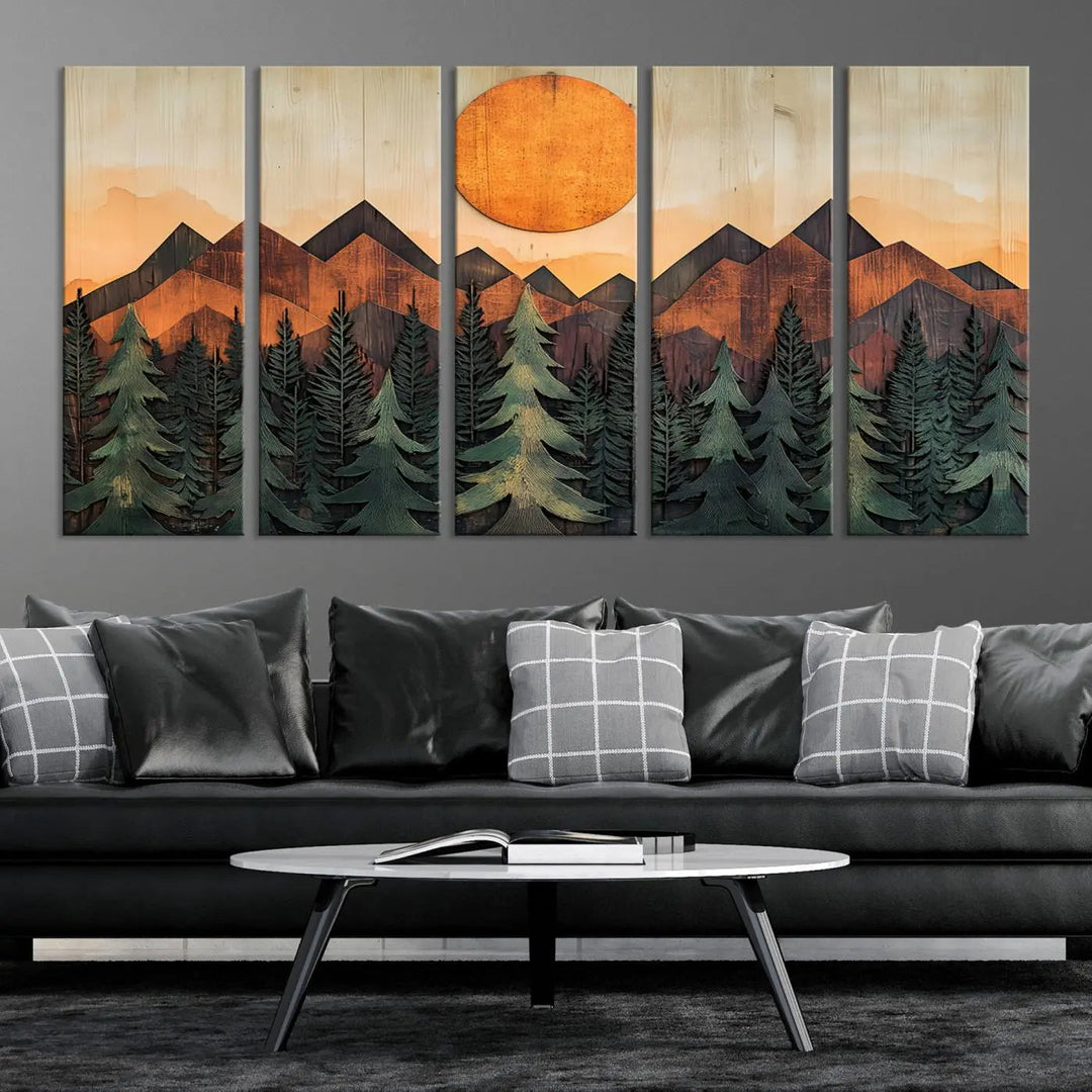 The Sunset Mountain Landscape Canvas Wall Art Print offers stunning nature-inspired wall decor, beautifully capturing a sunset mountain landscape over forests.