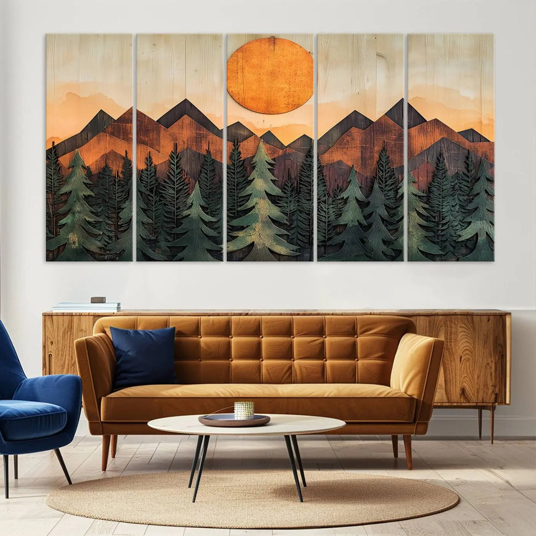 The Sunset Mountain Landscape Canvas Wall Art Print offers stunning nature-inspired wall decor, beautifully capturing a sunset mountain landscape over forests.