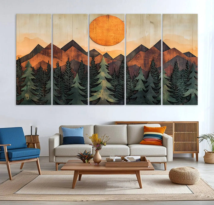 The Sunset Mountain Landscape Canvas Wall Art Print offers stunning nature-inspired wall decor, beautifully capturing a sunset mountain landscape over forests.