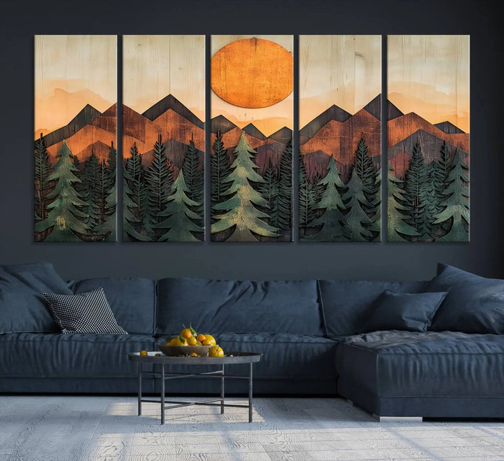 The Sunset Mountain Landscape Canvas Wall Art Print offers stunning nature-inspired wall decor, beautifully capturing a sunset mountain landscape over forests.