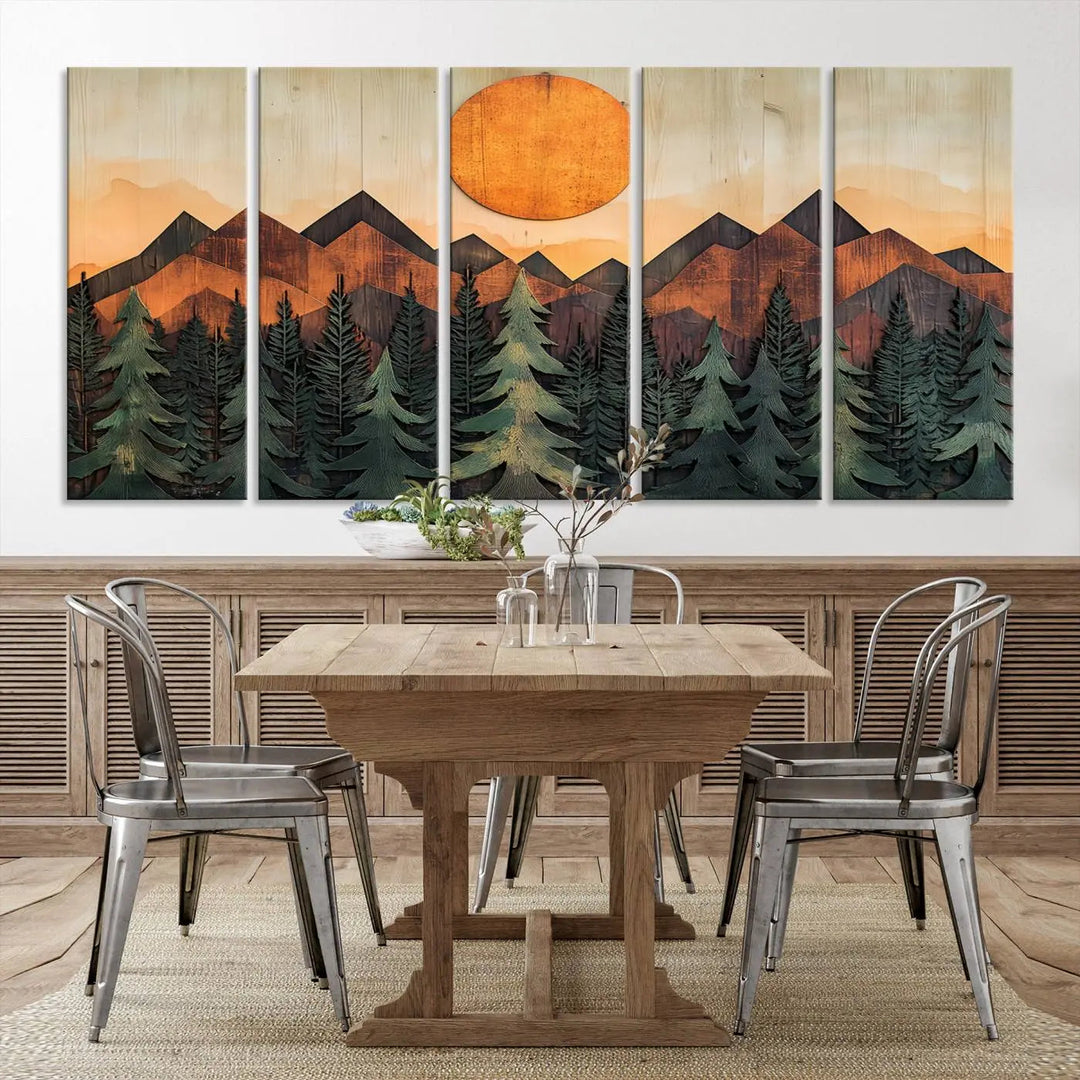 The Sunset Mountain Landscape Canvas Wall Art Print offers stunning nature-inspired wall decor, beautifully capturing a sunset mountain landscape over forests.