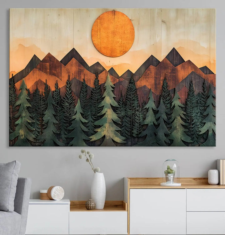 The Sunset Mountain Landscape Canvas Wall Art Print offers stunning nature-inspired wall decor, beautifully capturing a sunset mountain landscape over forests.