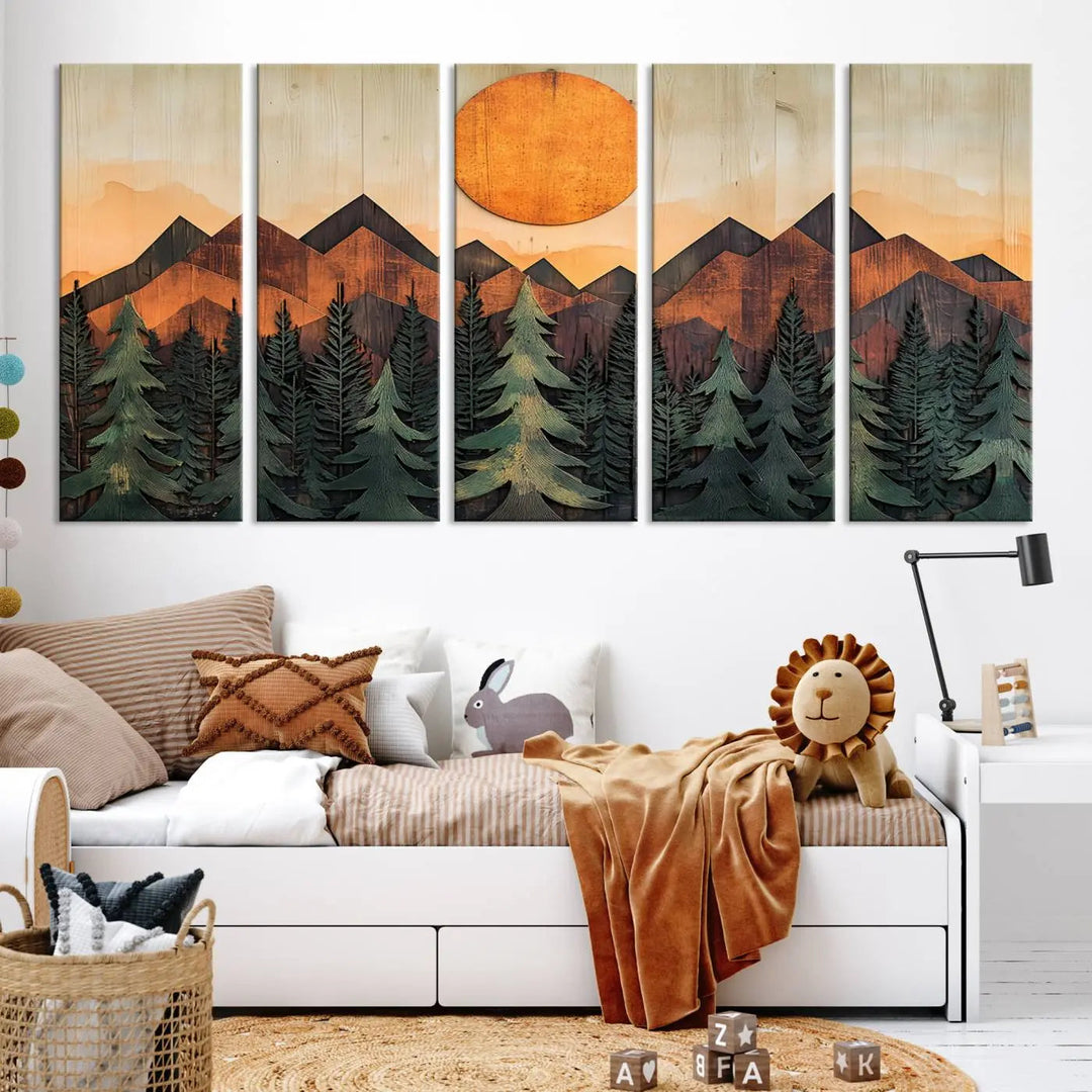 The Sunset Mountain Landscape Canvas Wall Art Print offers stunning nature-inspired wall decor, beautifully capturing a sunset mountain landscape over forests.