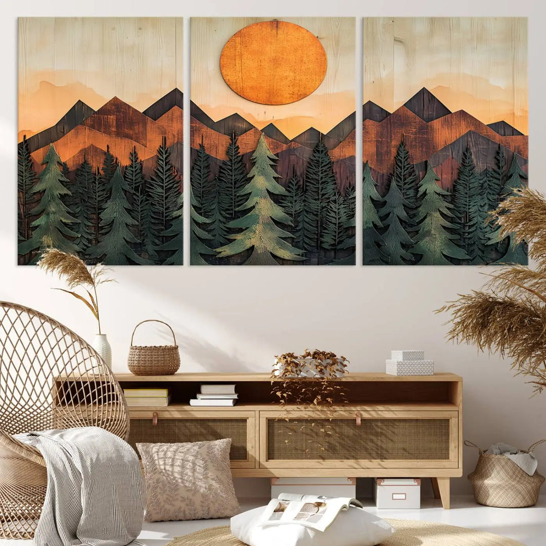 The Sunset Mountain Landscape Canvas Wall Art Print offers stunning nature-inspired wall decor, beautifully capturing a sunset mountain landscape over forests.