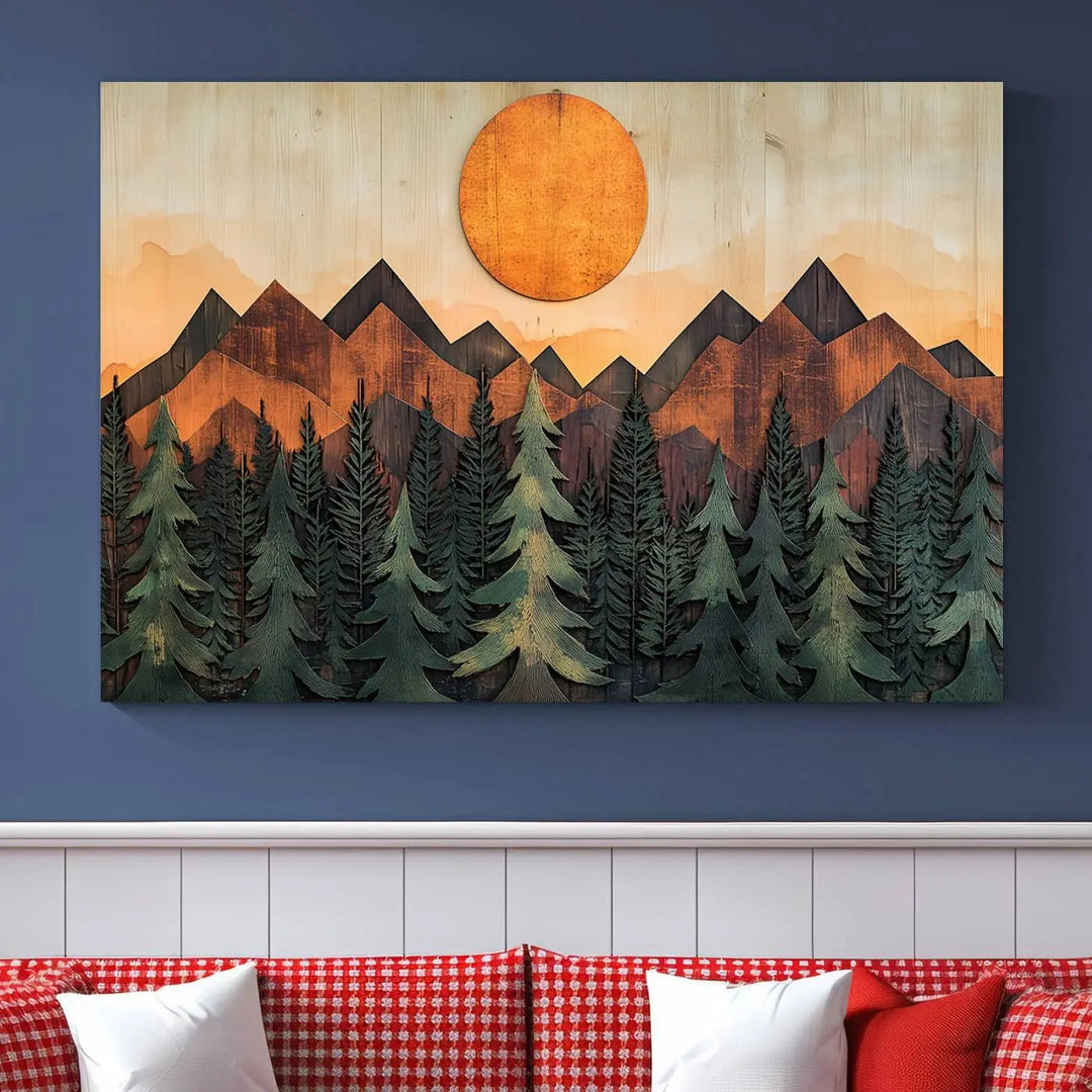 The Sunset Mountain Landscape Canvas Wall Art Print offers stunning nature-inspired wall decor, beautifully capturing a sunset mountain landscape over forests.