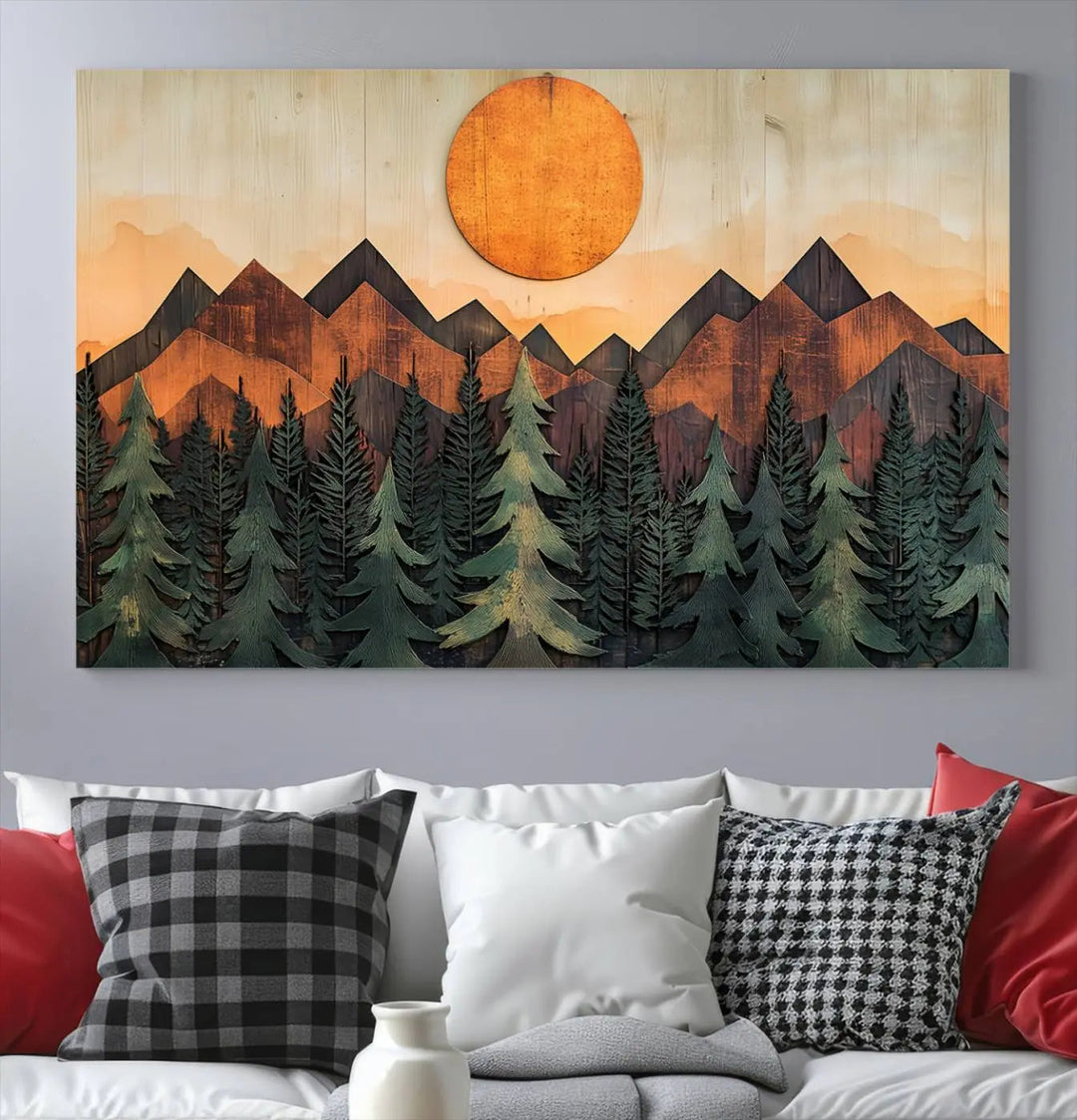 The Sunset Mountain Landscape Canvas Wall Art Print offers stunning nature-inspired wall decor, beautifully capturing a sunset mountain landscape over forests.