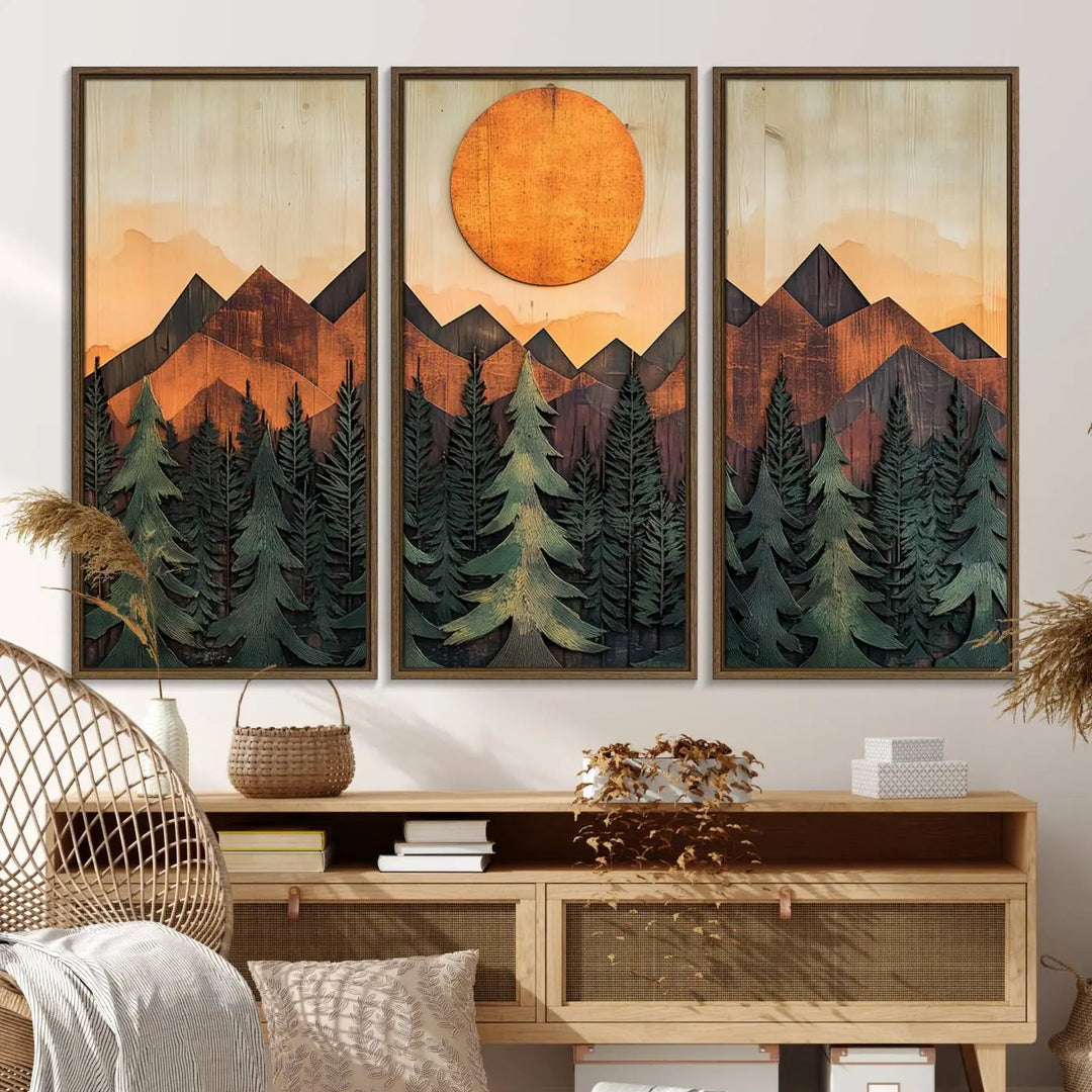 The Sunset Mountain Landscape Canvas Wall Art Print offers stunning nature-inspired wall decor, beautifully capturing a sunset mountain landscape over forests.