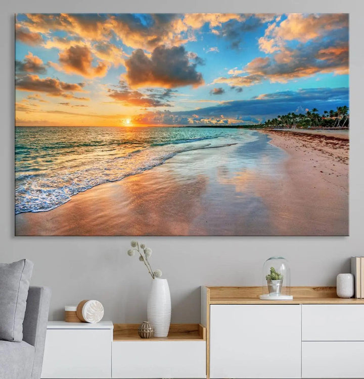 The "Sunset Ocean Waves on Tropical Beach," a 3-panel giclee canvas art featuring a vibrant palm-lined shore, creates a perfect coastal vibe.