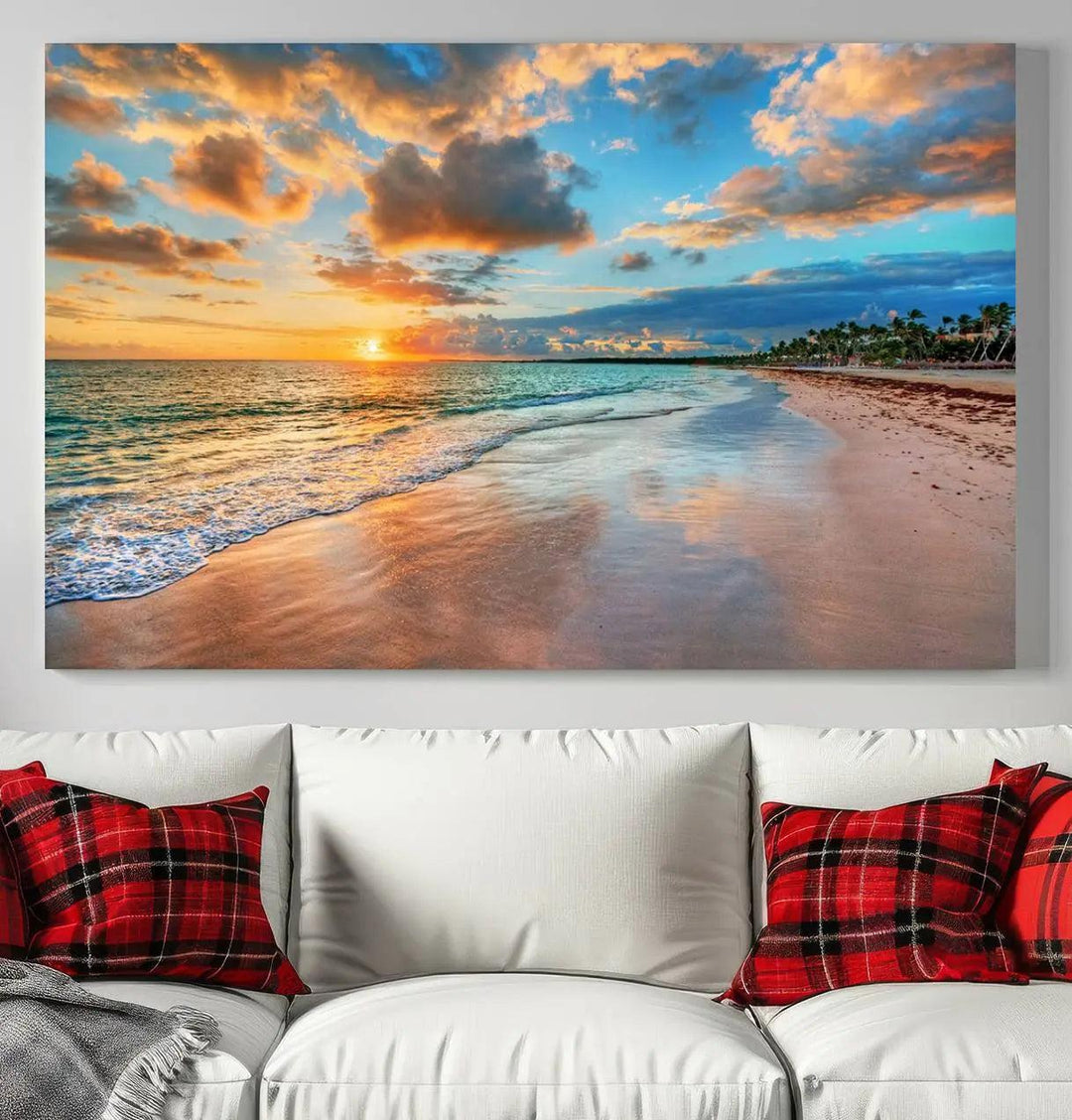 The "Sunset Ocean Waves on Tropical Beach," a 3-panel giclee canvas art featuring a vibrant palm-lined shore, creates a perfect coastal vibe.