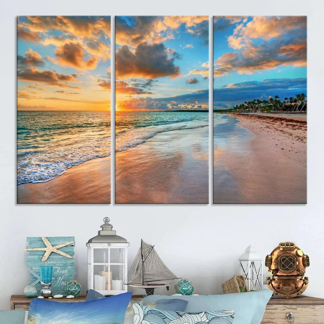 The "Sunset Ocean Waves on Tropical Beach," a 3-panel giclee canvas art featuring a vibrant palm-lined shore, creates a perfect coastal vibe.