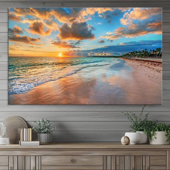 The "Sunset Ocean Waves on Tropical Beach," a 3-panel giclee canvas art featuring a vibrant palm-lined shore, creates a perfect coastal vibe.