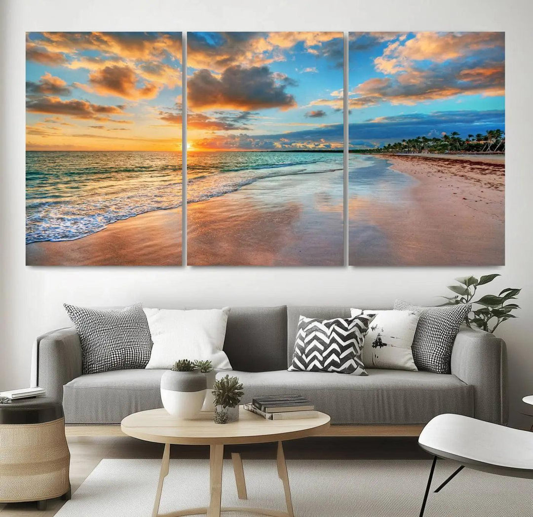 The "Sunset Ocean Waves on Tropical Beach," a 3-panel giclee canvas art featuring a vibrant palm-lined shore, creates a perfect coastal vibe.